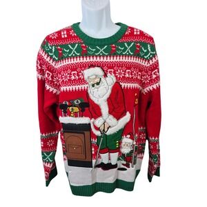 Holiday Time Mens Golfing Santa Ugly Christmas Sweater Red Green Medium Holiday